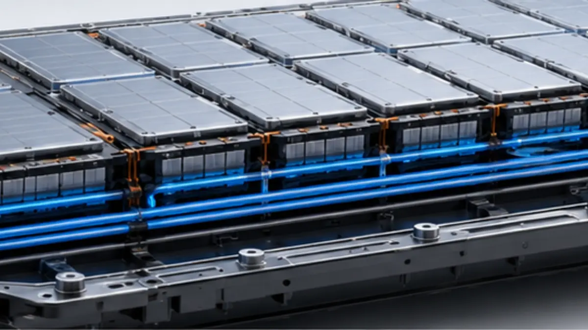 Geöffnetes Elektroauto-Batteriepaket: markierte Zelle, Modulgruppe und vollständiges Batteriepaket