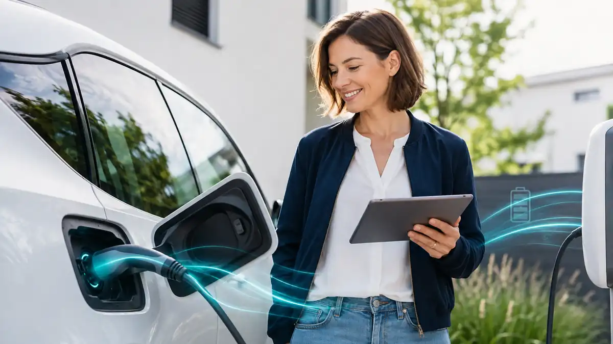 Frau informiert sich über die Ladetechnik eines Elektroautos