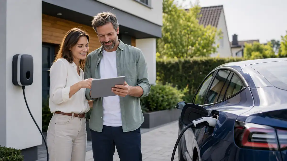 Paar vergleicht die Kosten eines Elektroautos beim Laden zu Hause