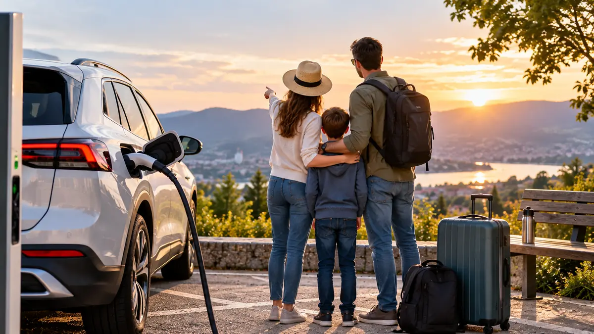 Paar auf Reise neben einem Elektroauto beim Laden mit Blick auf eine Landschaft