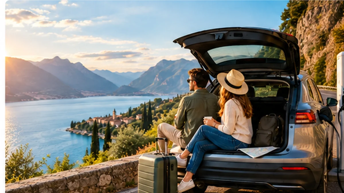 Paar auf Urlaubsreise mit Elektroauto an einem Bergsee